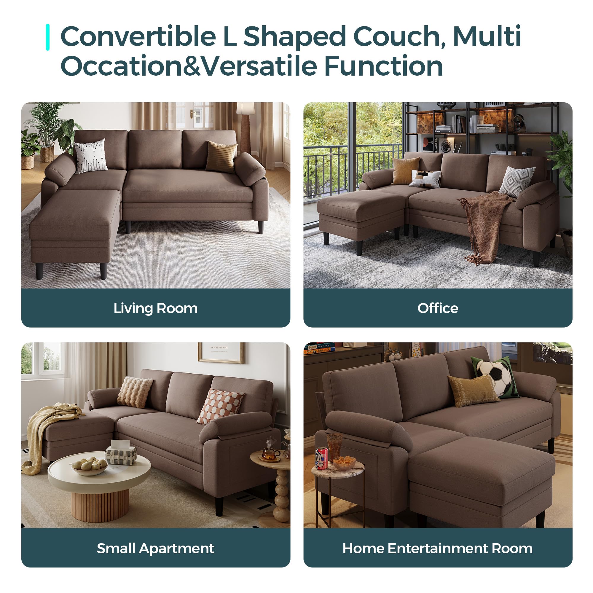 LINSY HOME 82" Reversible Sectional Sofa Couch, 3 Seater L -Shaped Sofa with Ottoman, Sectional Couch with Storage Bag and Sleepable Armrest for Living Room, Brown