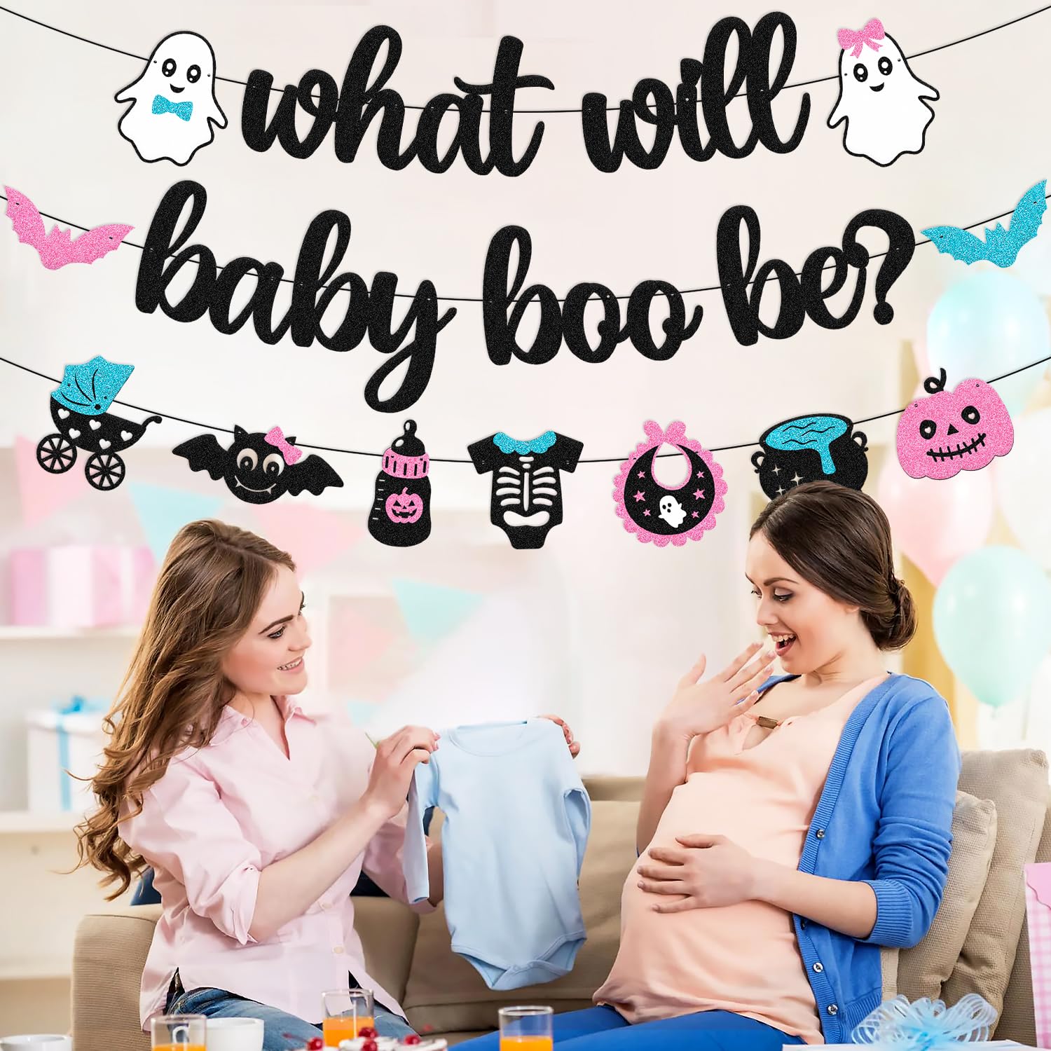 Halloween Gender Reveal Banner What will Baby Boo Be Banner Halloween Ghost Bats Theme Boo-y or Ghoul He or She Blue or Pink Boy or Girl Gender Reveal Baby Shower Party Supplies