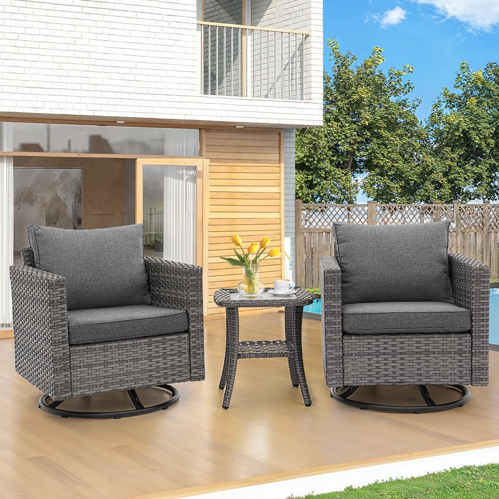 Patio Wicker Swivel Rocker Chairs, Outdoor Glider Rocking Chairs Set of 2 with Side Table, High Back and Thick Cushion Patio Swivel Glider Chair 3 Piece Patio Furniture Sets for Porch Backyard Pool