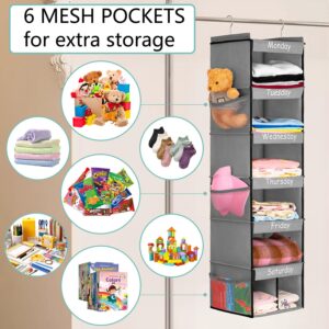 TEMUORG Weekly School Clothes Organizer Days of Week Clothing Organization for Kids Hanging Closet Shelf Storage with Monday to Saturday Layers (Rod Hanging)