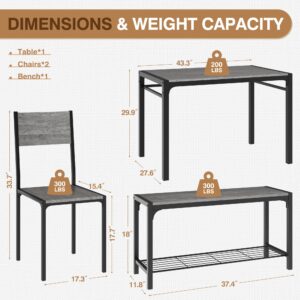 Furmax Dining Table Set for 4, Modern Kitchen Table Bench and Chairs Rectangular Dining Room Table Set with Storage Bench for Small Space, Apartment, Restaurant (Grey)