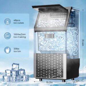 ZAFRO Commercial Ice Maker Machine, 100lbs/24H Under Counter Ice Machin with 33lbs Ice Bin, Stainless Steel Freestanding Ice Maker for Restaurant/Bar/Home/Cafe/Office