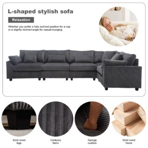 ATUMON 112" Oversized Corduroy Modular Sectional Sofa,L-Shaped Corner Couch with Detachable Cushion and 5 Throw Pillow,Deep Seat Comfy Upholstered Sofa (Dark Grey, 112" 5 Seater)