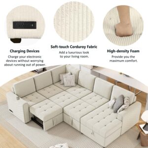 Merax 107.5" Sectional Sleeper Sofa with Pull Out Bed, Storage Chaise & Charging Devices, Corduroy 5 Seat Oversized U-Shaped Cloud Couch Set, Convertible Sofabed for Living Room and Apartment, Beige