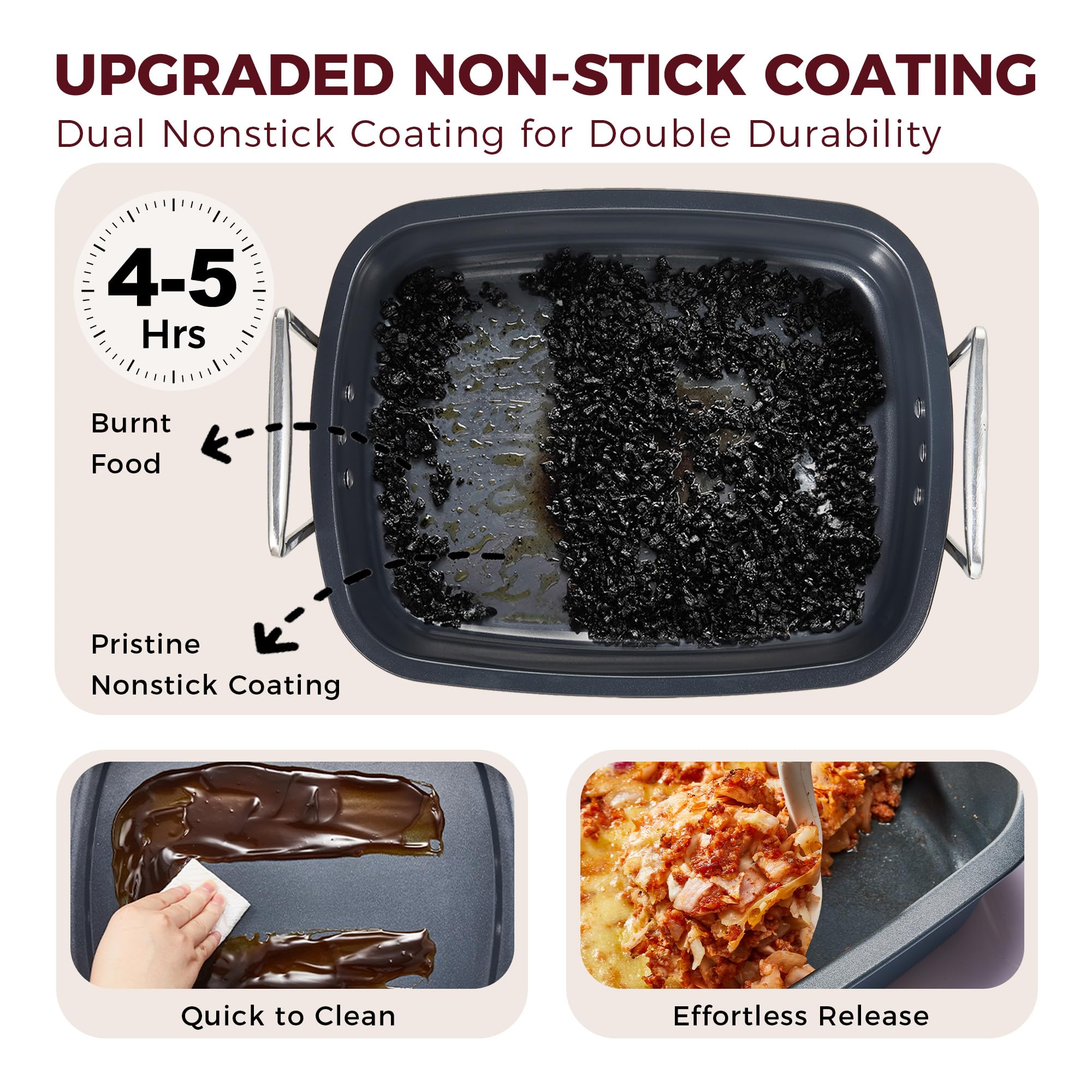 HONGBAKE Nonstick Turkey Roasting Pan with Rack - 18.7×13.6 Inch Extra Large Roaster Pan for 25 lb Chicken, Deep Turkey Tray for Oven, U-Shaped Rack, Wider Handles, Heavy Duty, Non Toxic, Grey