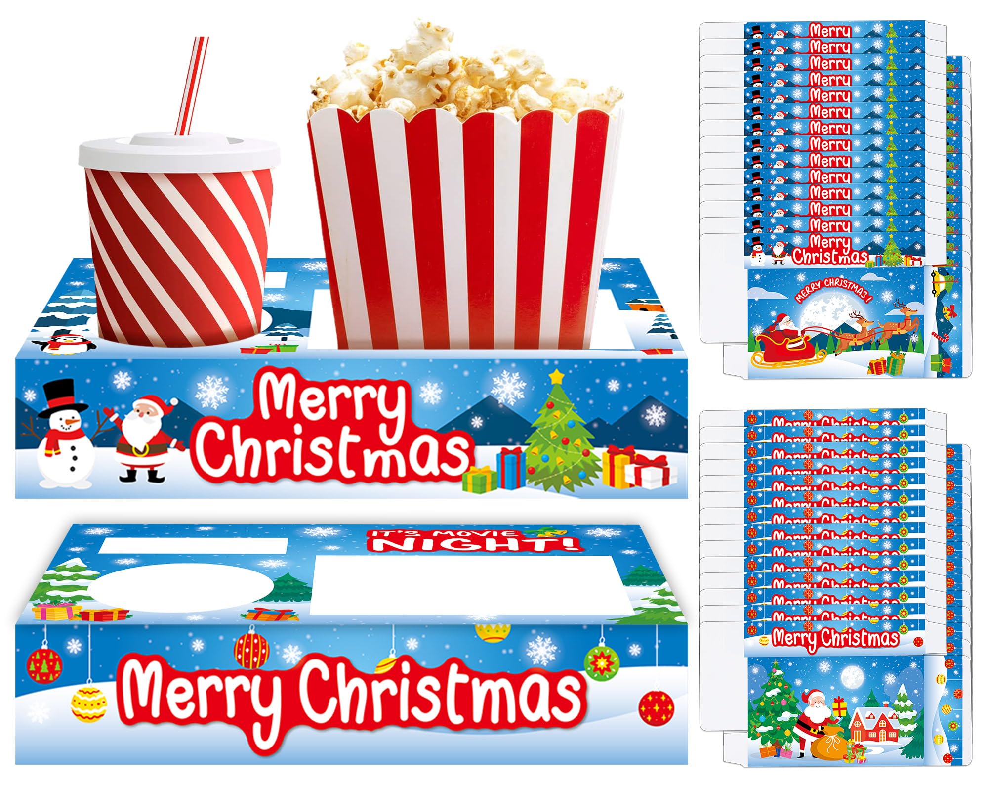 32Pcs Christmas Party Supplies Movie Night Paper Snacks Boxes Xmas Movie Theater Snack Tray Party Decorations Movie Popcorn Drink Holder Set for Christmas Xmas Tree Snowman Birthday Holiday Party