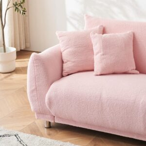 YCDIPING Comfy Teddy Wool Sofa Set with 4 Throw Pillows & Metal Legs 86.6" Apartment Size 4 Colour Choices Cozy Sitting (Pink)