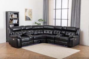 kingway power recliner chair sectional couches with led light for living room, electric faux leather reclining sectional couch sets with storage console for home, black