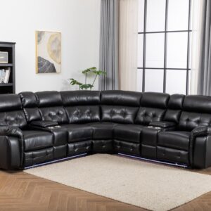 Kingway Power Recliner Chair Sectional Couches with LED Light for Living Room, Electric Faux Leather Reclining Sectional Couch Sets with Storage Console for Home, Black