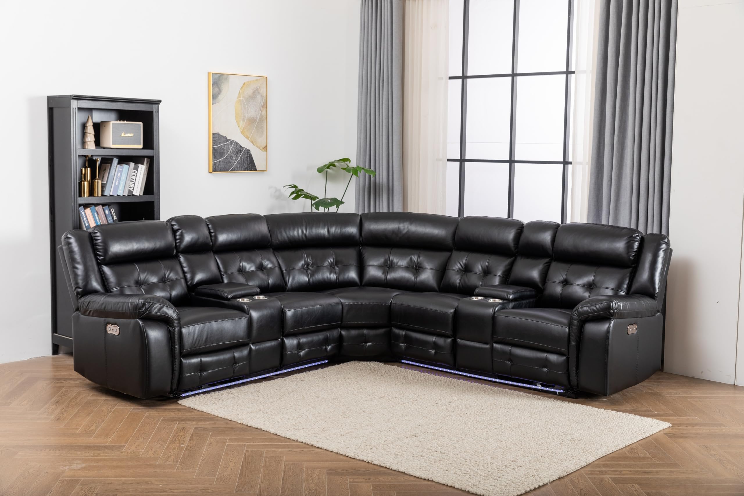 Kingway Power Recliner Chair Sectional Couches with LED Light for Living Room, Electric Faux Leather Reclining Sectional Couch Sets with Storage Console for Home, Black