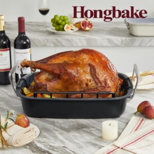 HONGBAKE Nonstick Turkey Roasting Pan with Rack - 18.7×13.6 Inch Extra Large Roaster Pan for 25 lb Chicken, Deep Turkey Tray for Oven, U-Shaped Rack, Wider Handles, Heavy Duty, Non Toxic, Grey