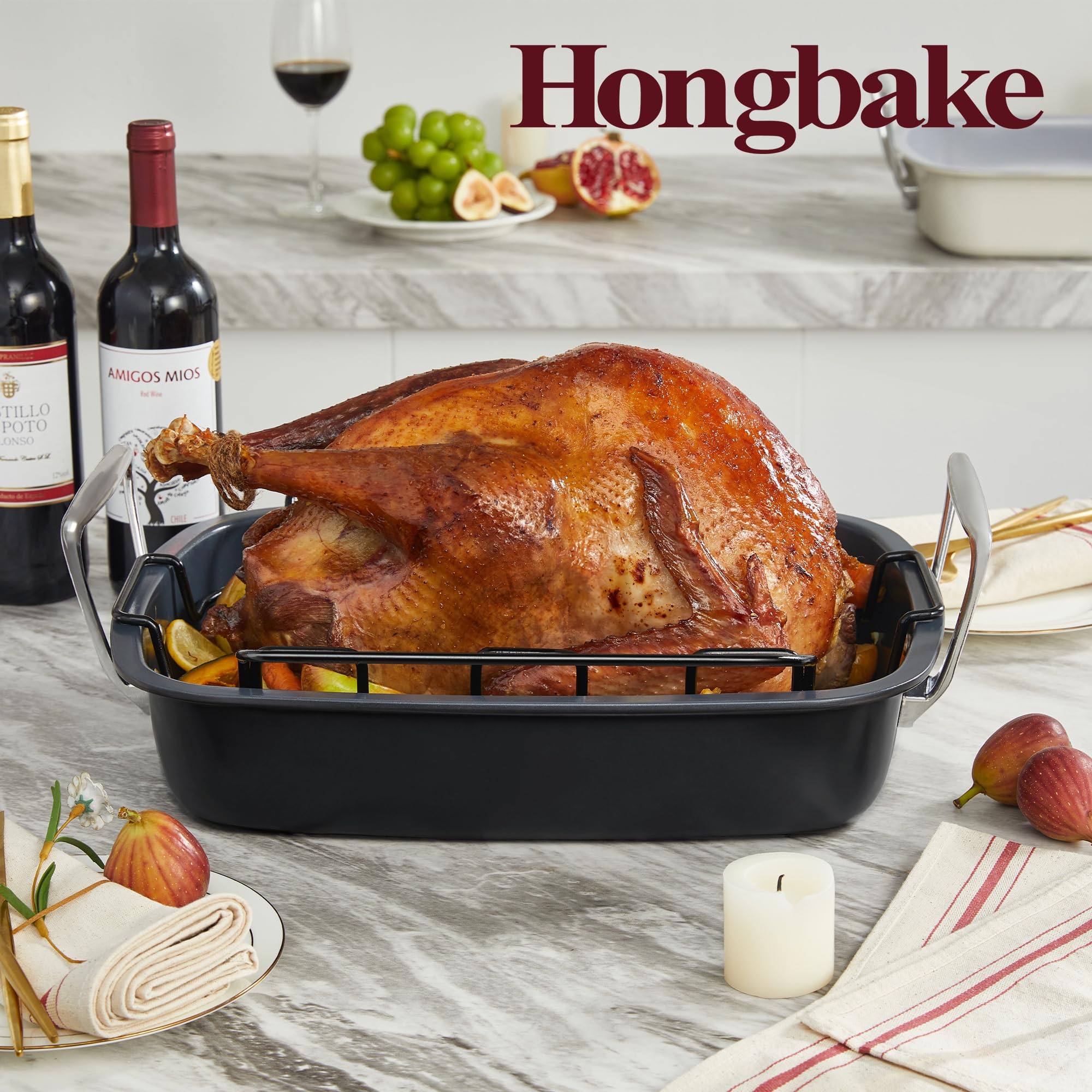 HONGBAKE Nonstick Turkey Roasting Pan with Rack - 18.7×13.6 Inch Extra Large Roaster Pan for 25 lb Chicken, Deep Turkey Tray for Oven, U-Shaped Rack, Wider Handles, Heavy Duty, Non Toxic, Grey