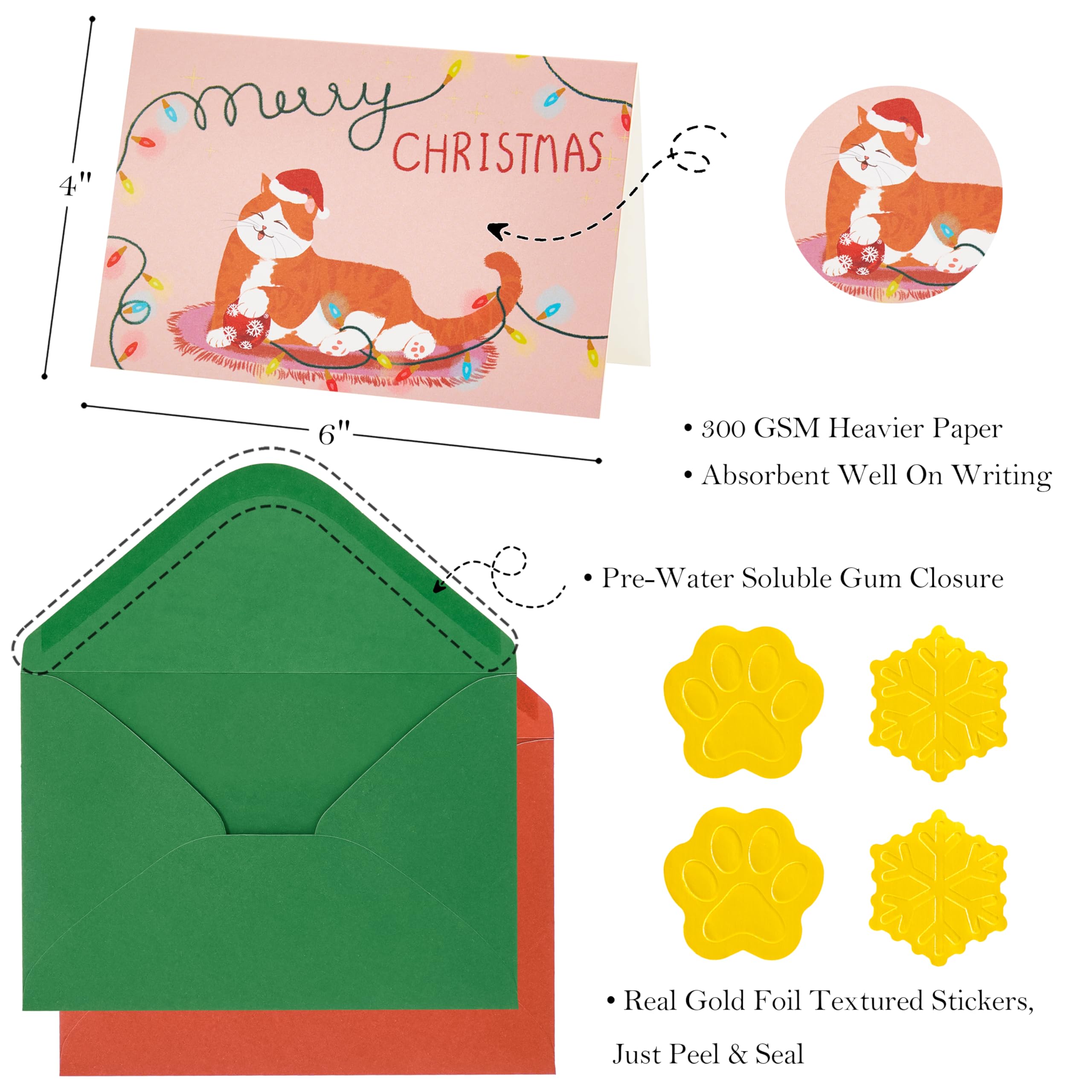 Crisky Cat Merry Christmas Cards with Envelopes & Matching Stickers 25 Pack Merry Chrismas Cards with Envelopes Cat Themed Gold Foil Thank You cards