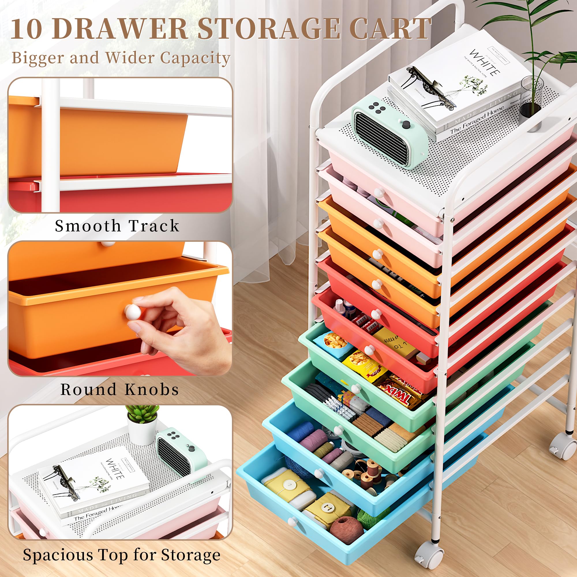 Rolling Storage Cart with 10 Drawers, Drawer Cart with All-Metal Frame & Lockable Wheels, Organizer Utility Cart with Handle for Crafts, School Teacher, Home, Office, Classroom, Macaron Color