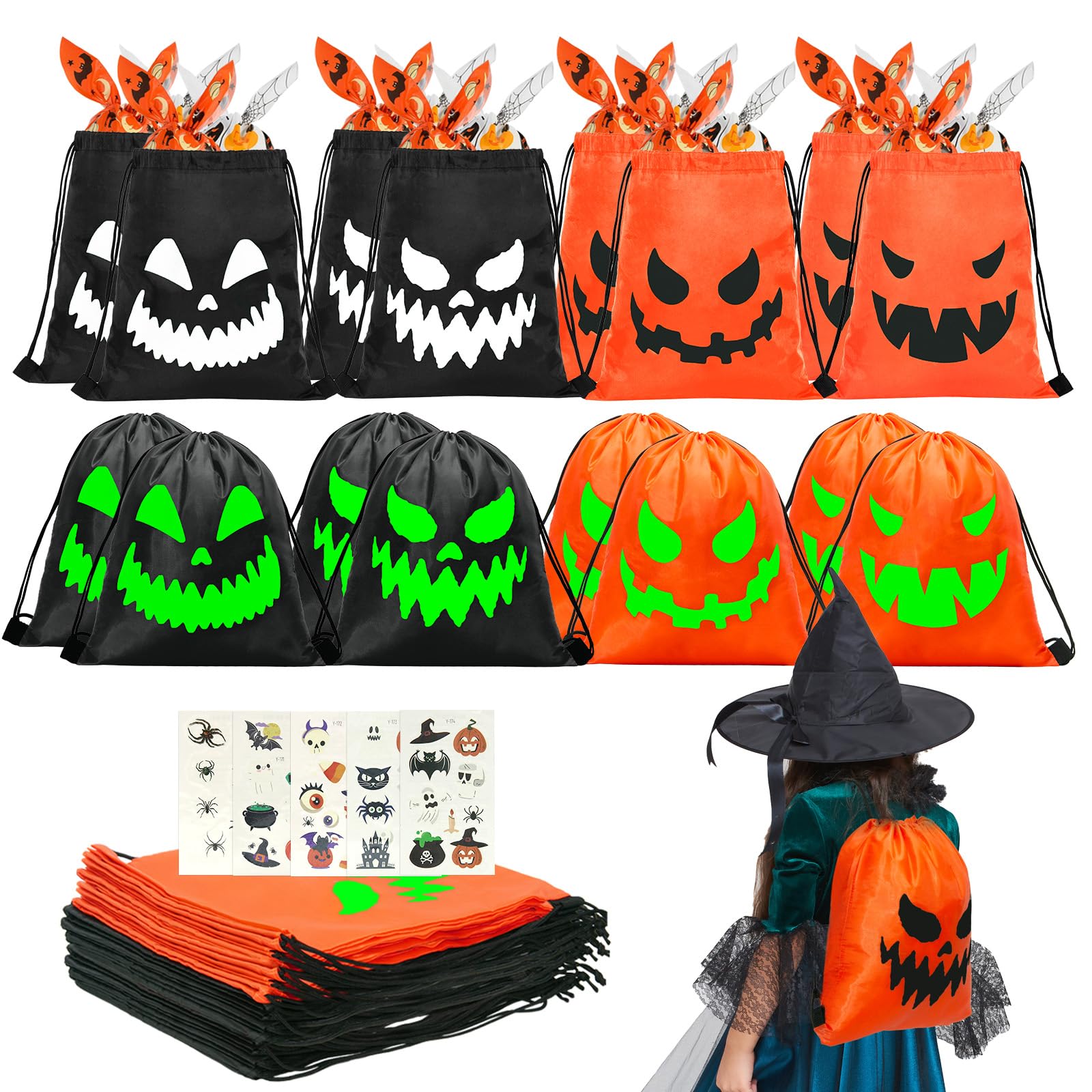 Tinrbip 16 Pcs Halloween Favor Bags, Glow in The Dark Ghost Treat Bags, 11.8 x 13.8 Inch Spooky Face Trick Drawstring Bag, Luminous Goodie Backpack Bags for Classroom Halloween Party Supplies