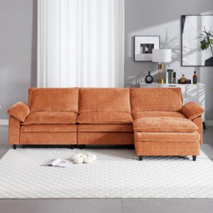 KIVENJAJA Modular Cloud Sectional Couch, Chenille L Shaped Sectional Sofa with Ottoman, Modern Comfy 4 Seater Sofas for Living Room Apartment Office, 113.5”W, Orange