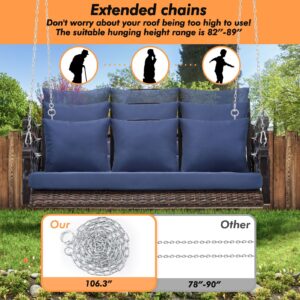 ZZW 3-Person Wicker Porch Swing Chair Heavy Duty 900 LBS Outdoor Rattan Patio Swing Chair w/Cup-Holder & Steel Chains Hanging Bench Porch Swing Cushions for Deck & Backyard & Garden