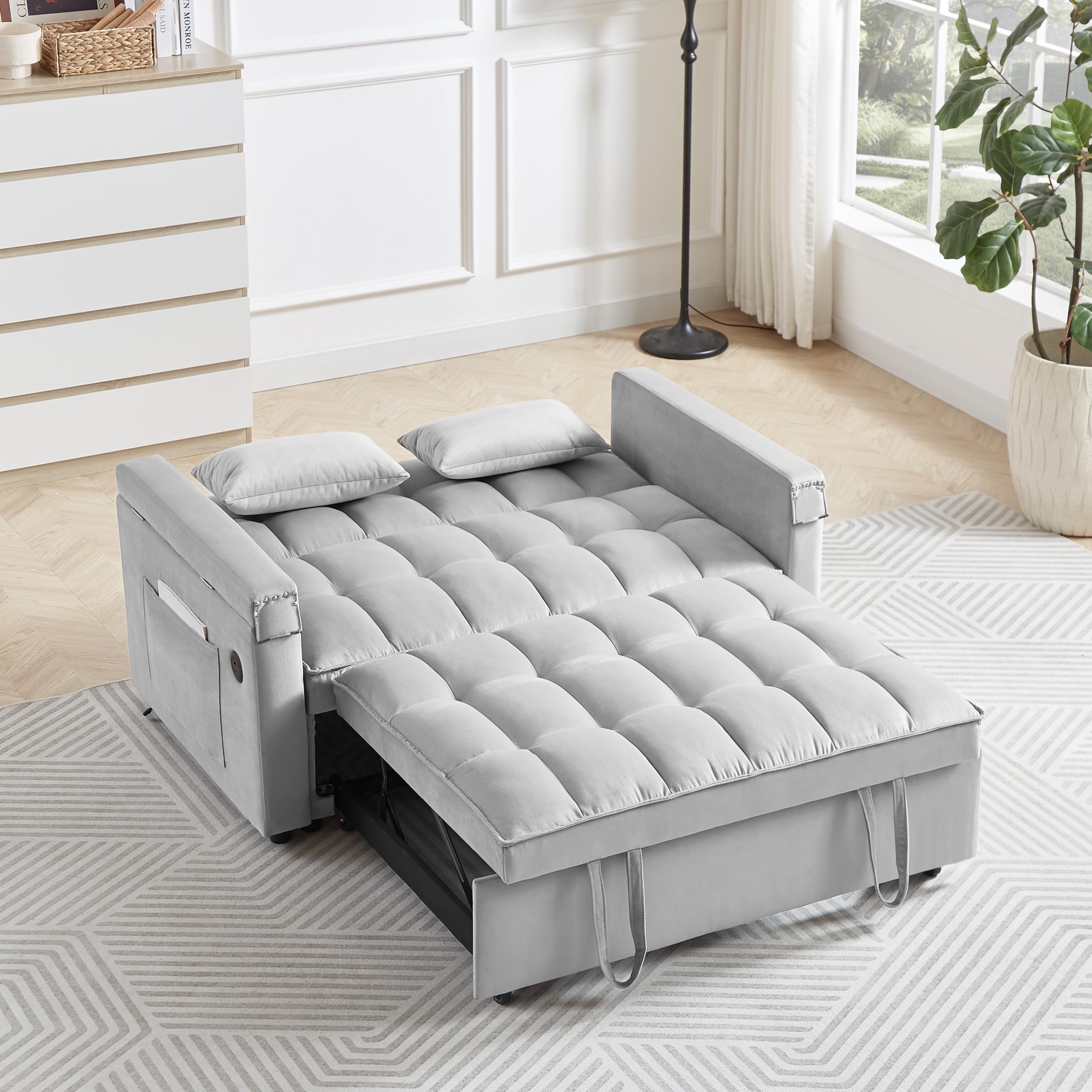 3 in 1 Sleeper Sofa Couch Bed, Convertible Sofa Bed with Side Table, Velvet Loveseat Pull Out Couch Bed with USB Port, Adjustable Backrest, Storage Pockets, for Living Room, Small Space, Office, Grey