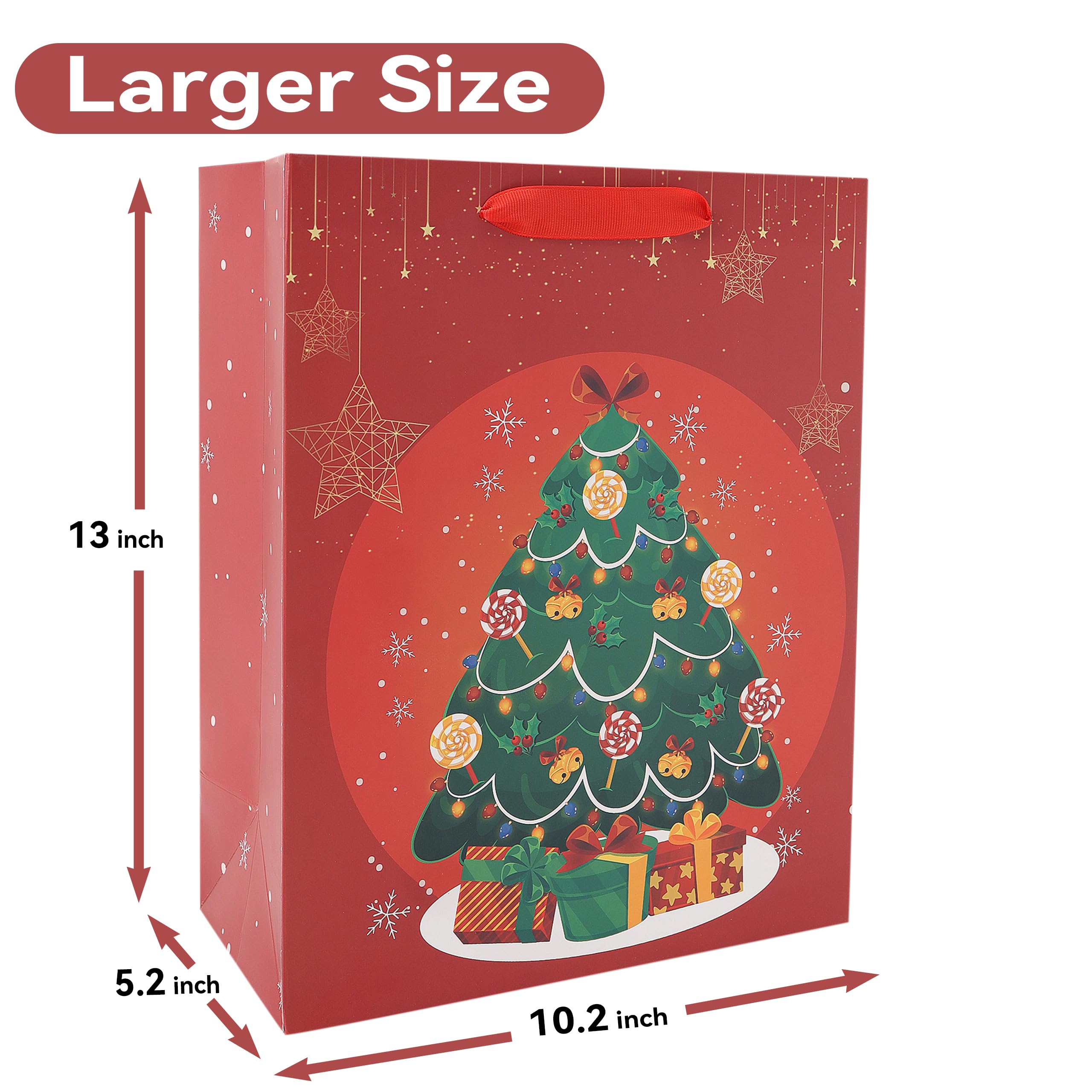 10-Pack Red Green Christmas Gift Bags Assorted Sizes with Handles(4 Large 13”, 4 Medium 10.6”, 2 Small 6.7”) Santa Claus, Snowman, Gift cart, Trees and Snowflake for Gifts, Decorations, Holiday Birthday, And Parties, 10 Pcs