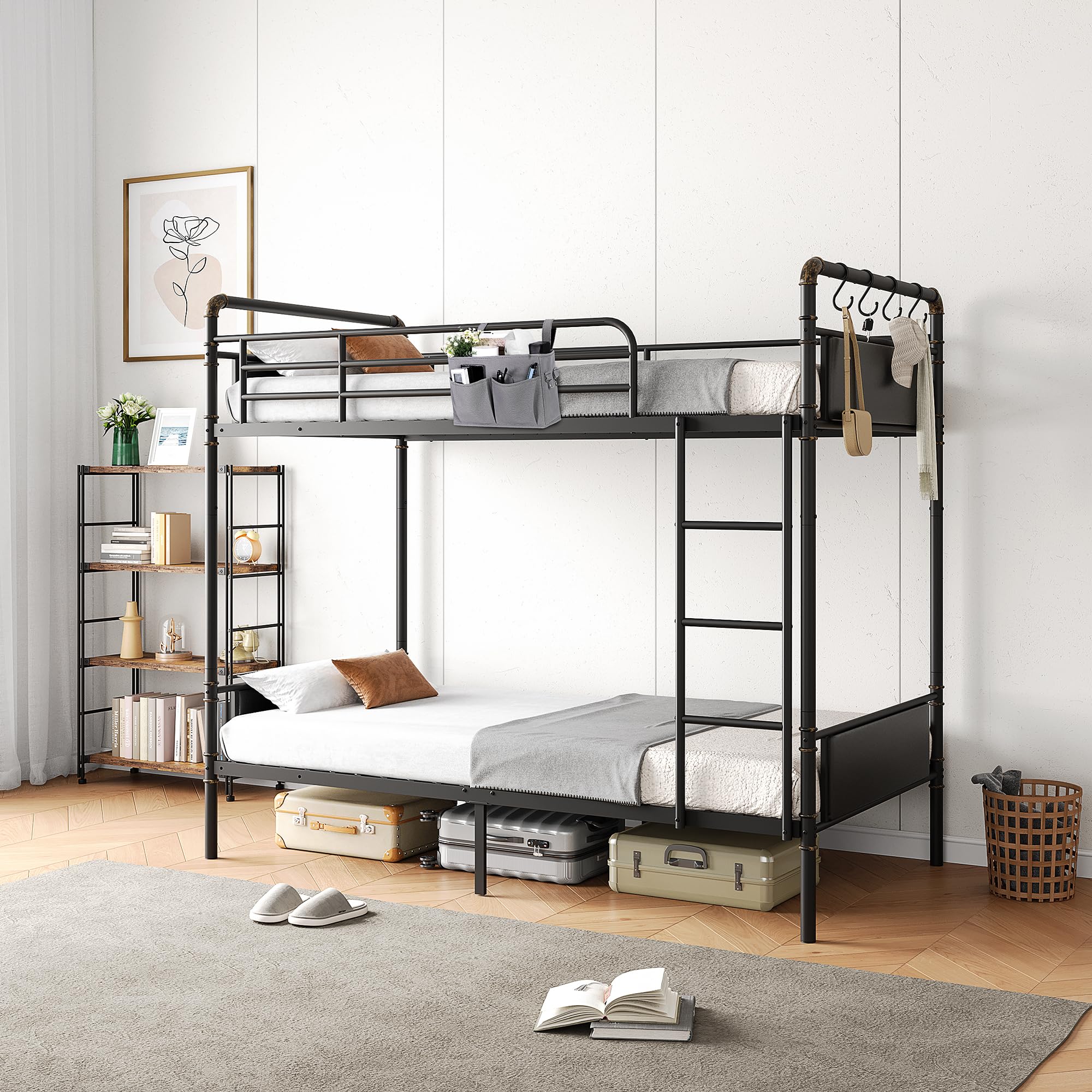 Jocoevol Metal Bunk Bed Twin Over Twin, Industrial Bunkbeds with Heavy Duty Bed with Safety Guard Rails and Space-Saving Design, Steel Bed for School, Bedroom (Black)