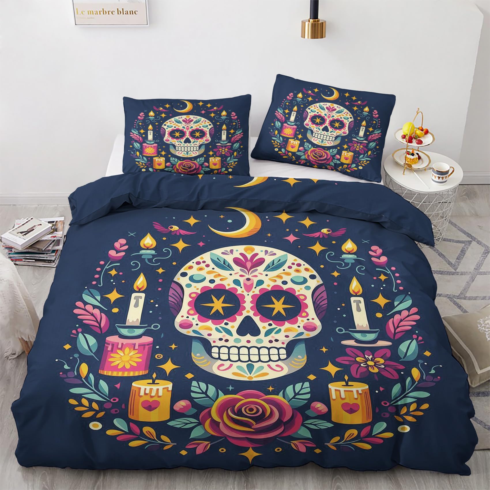 zcwl Día De Muertos Duvet Cover Full Size | Sugar Skull Bedding Set | 3 Piece | Soft Microfiber Patterned Comforter Cover with Zipper Ties & 2 Pillowcases | Day of The Dead Bedroom Decor