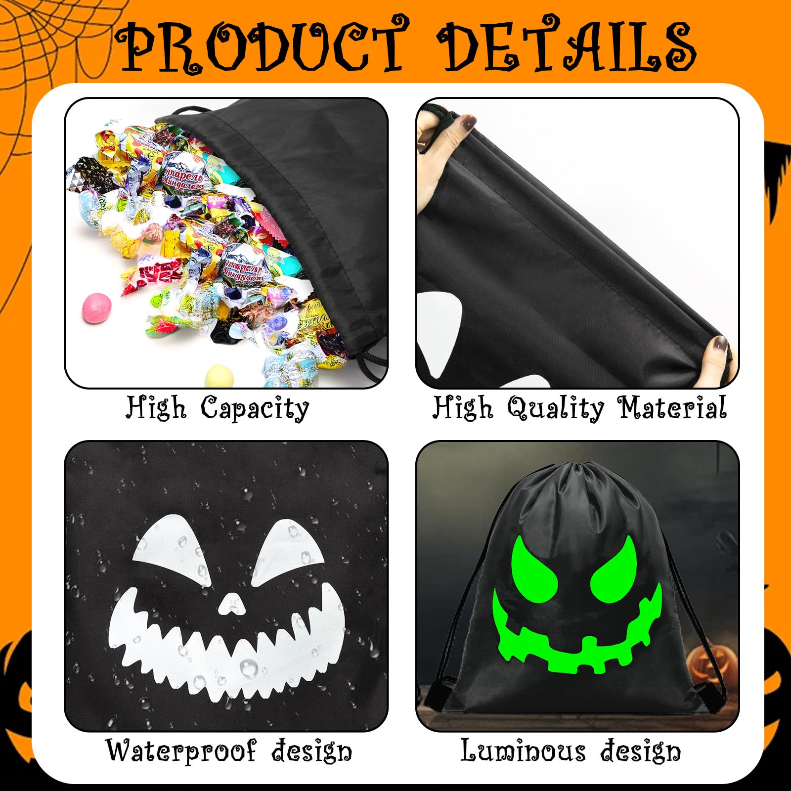 Tinrbip 16 Pcs Halloween Favor Bags, Glow in The Dark Ghost Treat Bags, 11.8 x 13.8 Inch Spooky Face Trick Drawstring Bag, Luminous Goodie Backpack Bags for Classroom Halloween Party Supplies