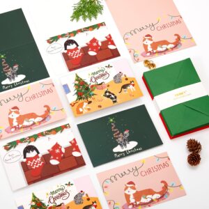 Crisky Cat Merry Christmas Cards with Envelopes & Matching Stickers 25 Pack Merry Chrismas Cards with Envelopes Cat Themed Gold Foil Thank You cards