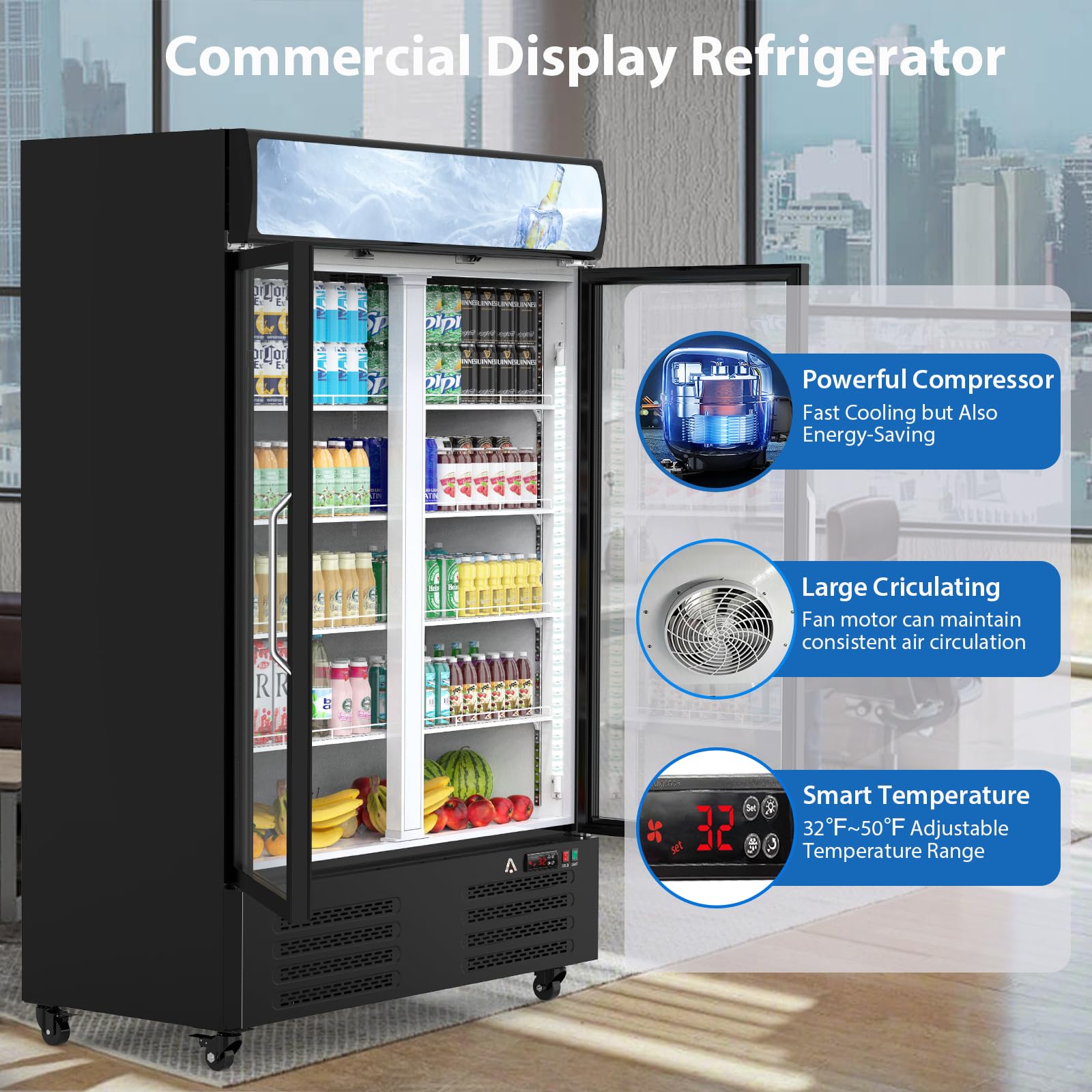 MERXENG Beverage Refrigerator, 36.3 Cu.ft Commercial Display Refrigerator Merchandise for Home Restaurant Grocery Stores, 2 Glass Door Merchandiser Refrigerator,Back Bar Beverage Cooler