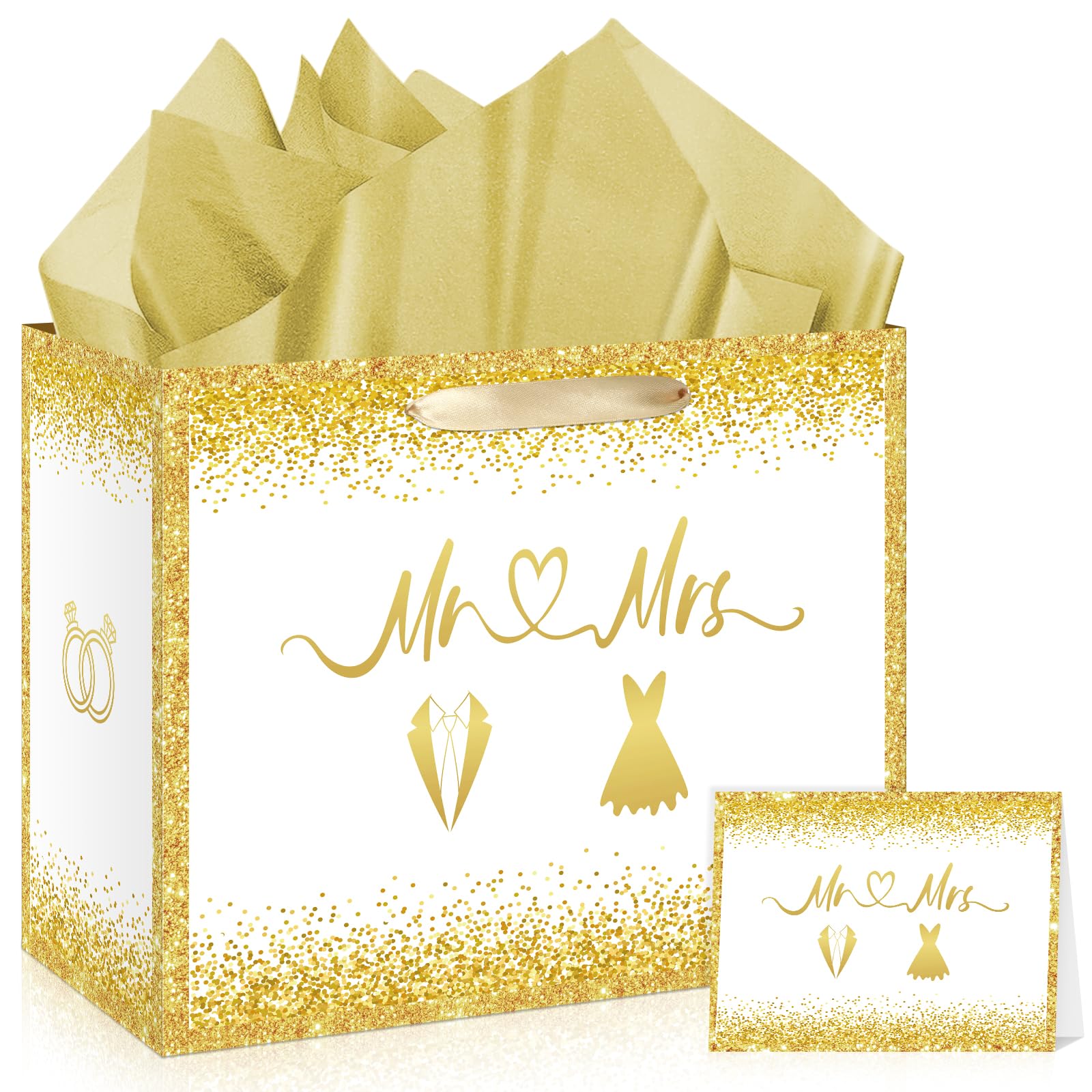 Wedding Gift Bag Bridal Shower Gift Bags Bride Gift Bag large Mrs and Mr Gift Bag White Gold Wrapping Paper Bag with Tissue Paper Card Bridal Anniversary Wedding Engagement Shower Gift Bag for Couple