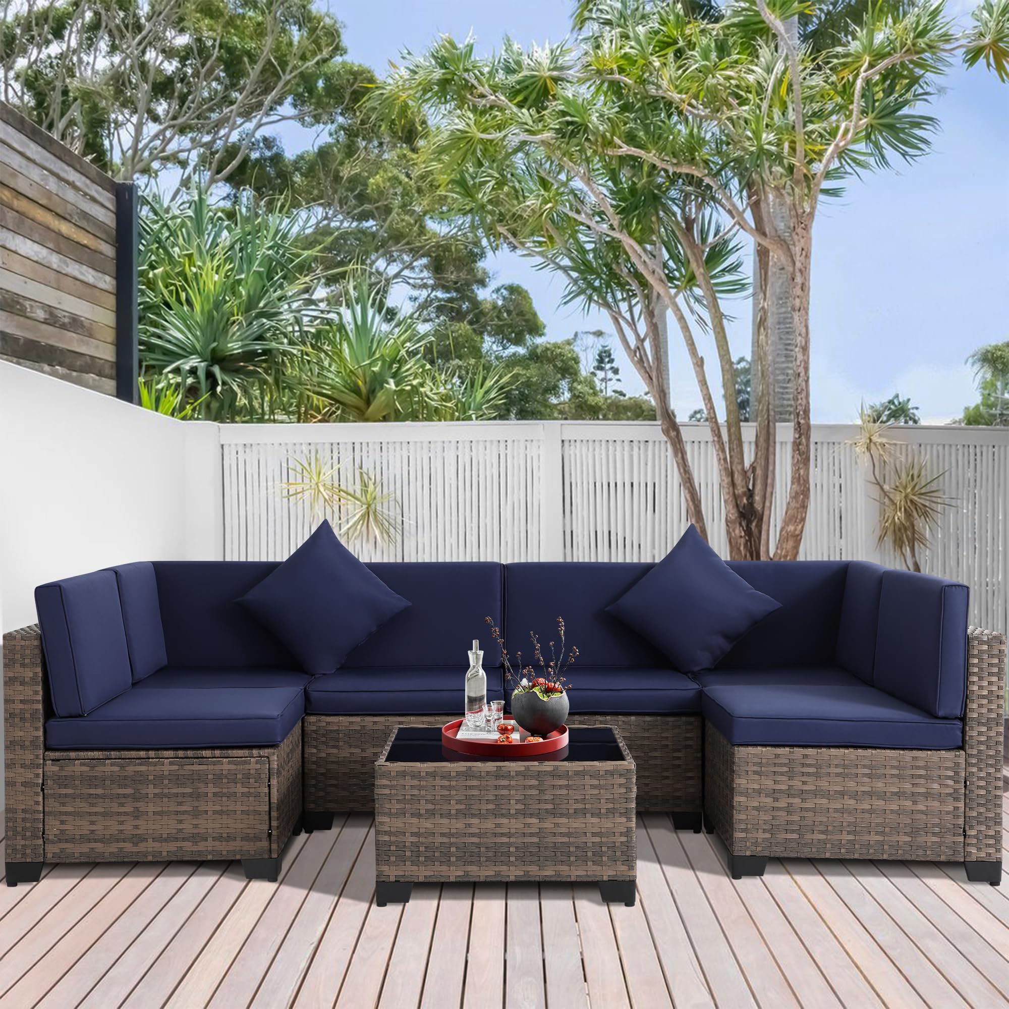 YOCONYO 7 Pieces Patio Furniture Set, Outdoor Furniture Patio Conversation Set, All Weather Rattan Wicker Couch, Sectional Sofa with Cushions and Glass Table for Garden, Backyard, Poolside, Brown-Navy