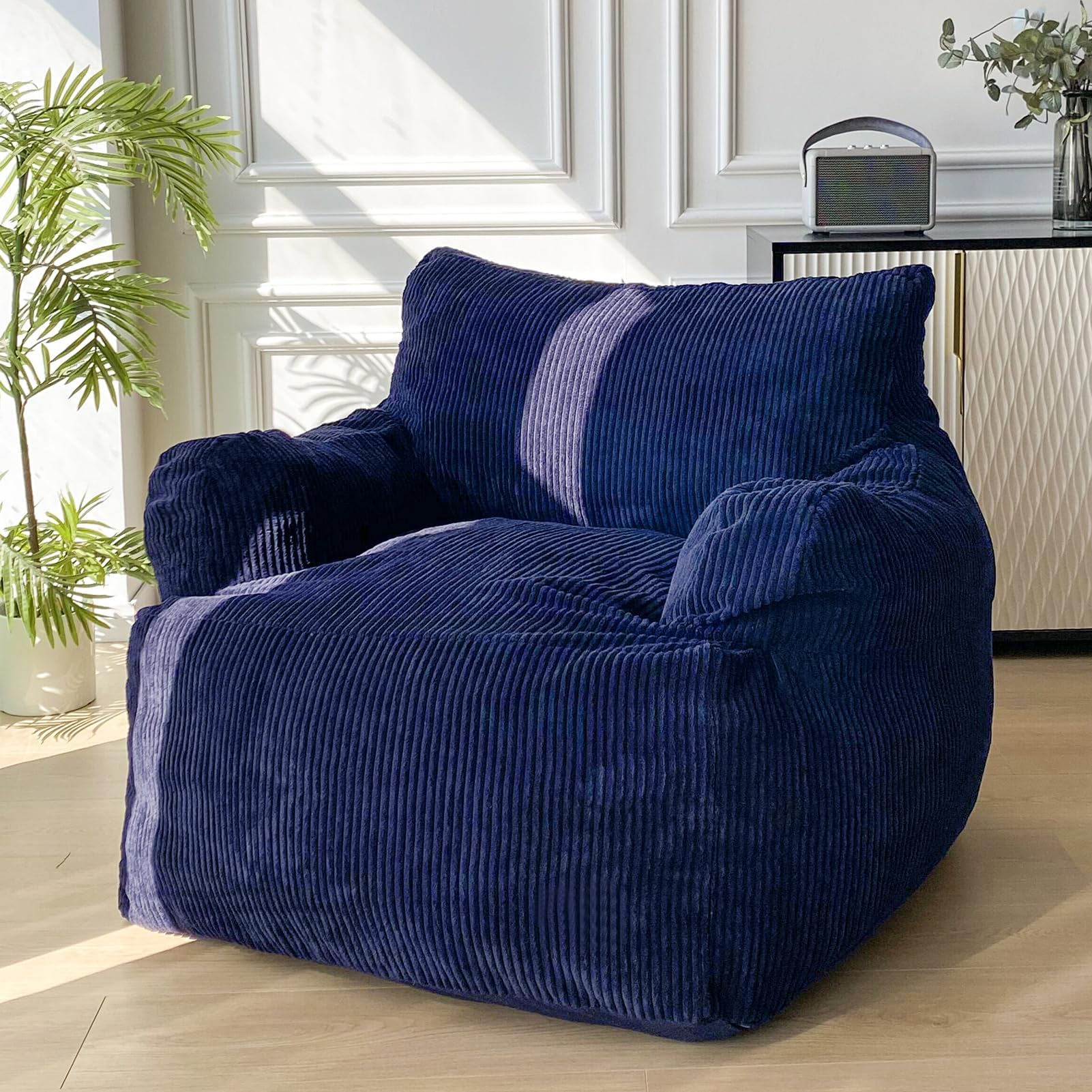 MAXYOYO Giant Bean Bag Chair, Stuffed Bean Bag Couch with Filler Large Living Room Bean Bag Chair for Adults, Big Lazy Sofa Accent Chair with Pocket Floor Chair for Gaming, Reading, Navy