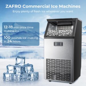 ZAFRO Commercial Ice Maker Machine, 100lbs/24H Under Counter Ice Machin with 33lbs Ice Bin, Stainless Steel Freestanding Ice Maker for Restaurant/Bar/Home/Cafe/Office