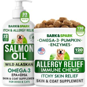 Salmon Oil + Allergy Relief Bundle - Skin & Coat Support + Anti-Itch Skin - Omega 3 Fish Oil + EPA & DHA Fatty Acids - Immune & Heart Health + Itching & Paw Licking - 32 oz + 180 Chews - Made in USA