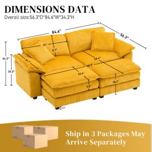 Wrofly Loveseat Sofa with Ottoman, 84.6" Comfy Upholstered Corduroy 2 Seater Chaise Lounge, Oversized Deep Seat Cloud Couch, Modern Modular Sectional Sofa for Living Room Apartment, Yellow