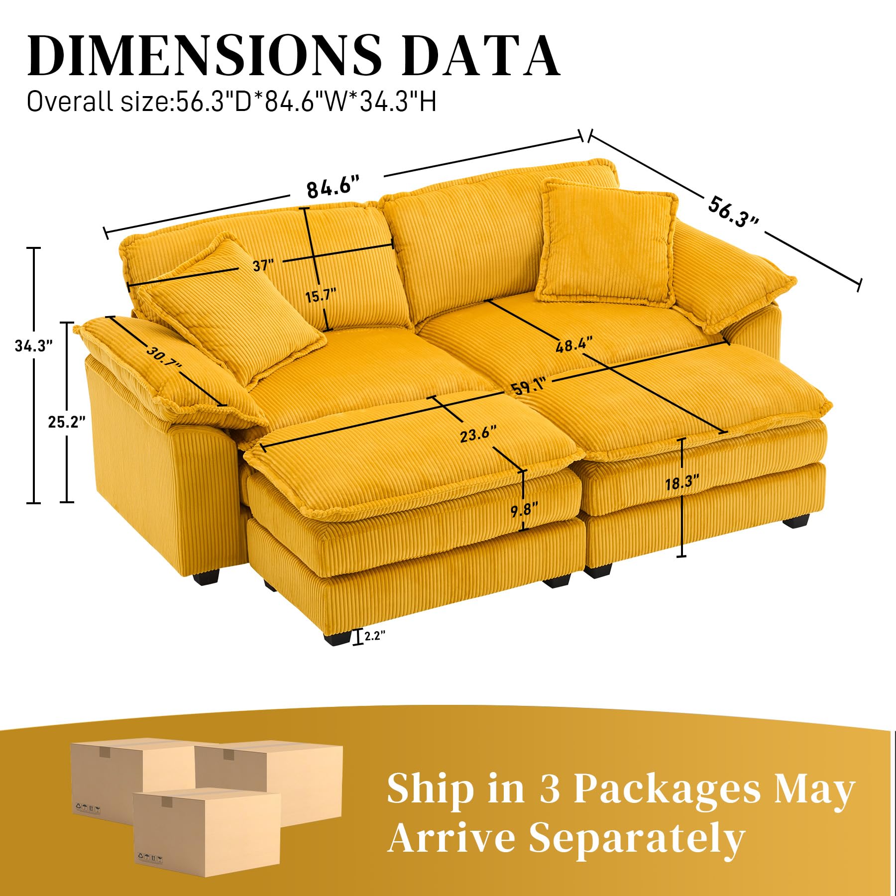 Wrofly Loveseat Sofa with Ottoman, 84.6" Comfy Upholstered Corduroy 2 Seater Chaise Lounge, Oversized Deep Seat Cloud Couch, Modern Modular Sectional Sofa for Living Room Apartment, Yellow