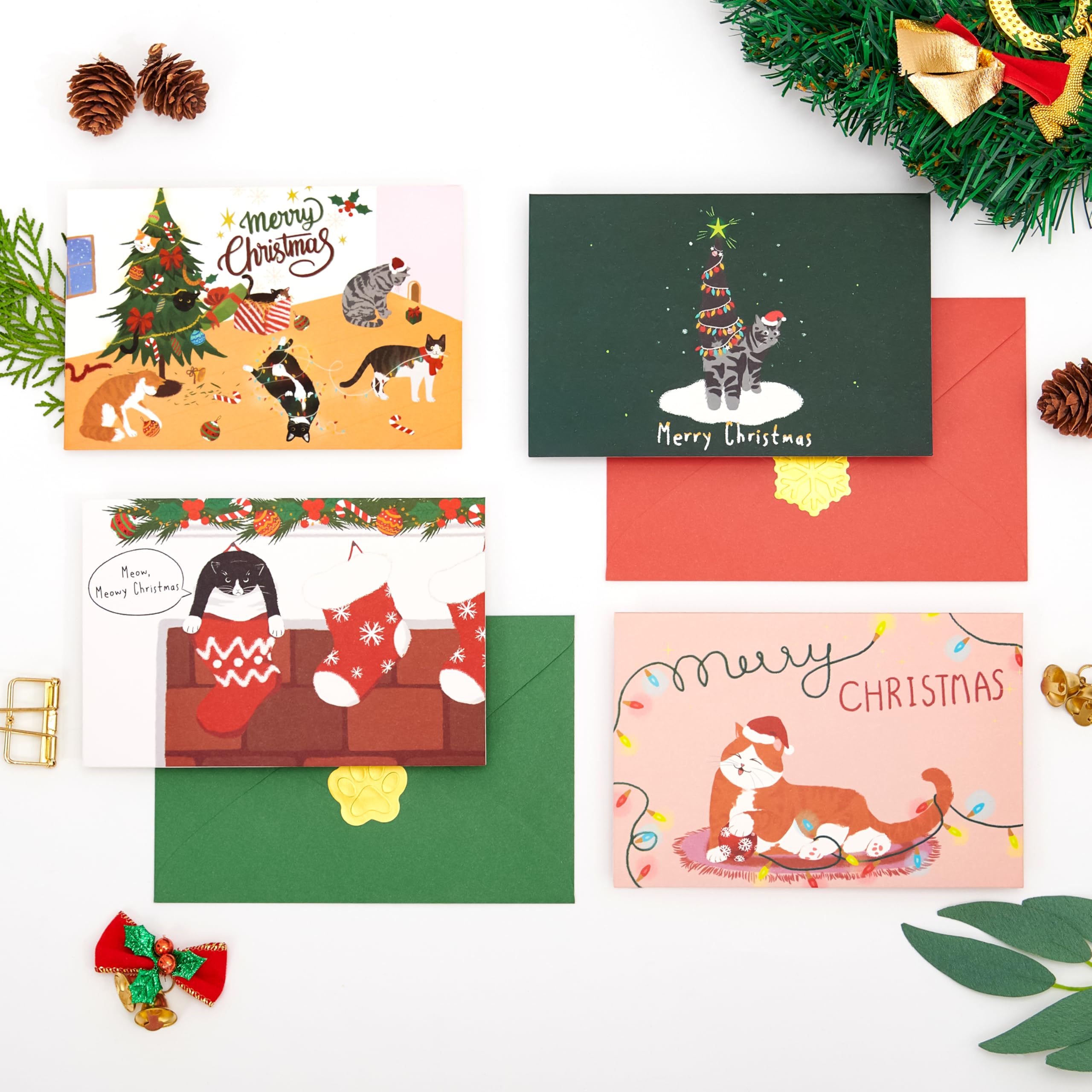 Crisky Cat Merry Christmas Cards with Envelopes & Matching Stickers 25 Pack Merry Chrismas Cards with Envelopes Cat Themed Gold Foil Thank You cards