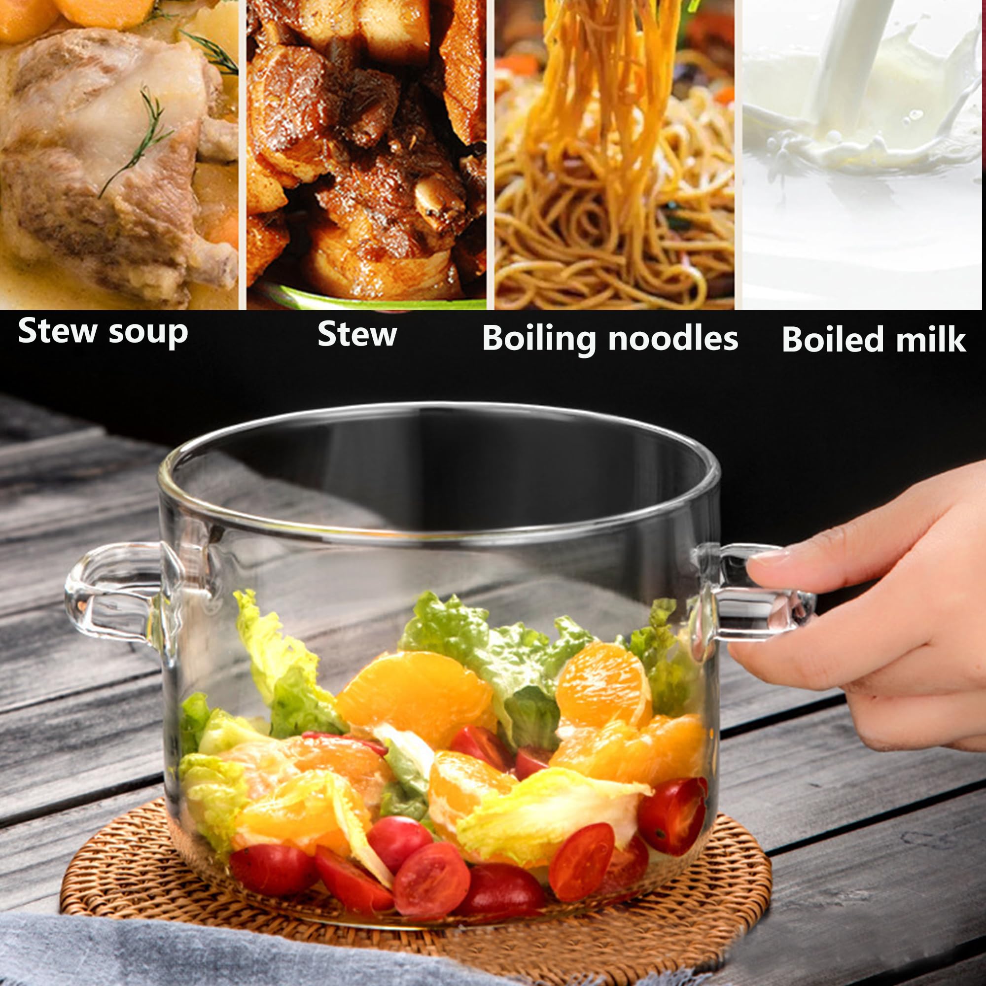 1900ML/67oz Glass Clear Saucepan with Lid,Best Handmade Easy Clean Heat Resistant Glass Cooking Pot for Noodles, Soup, Cereals, Fruits