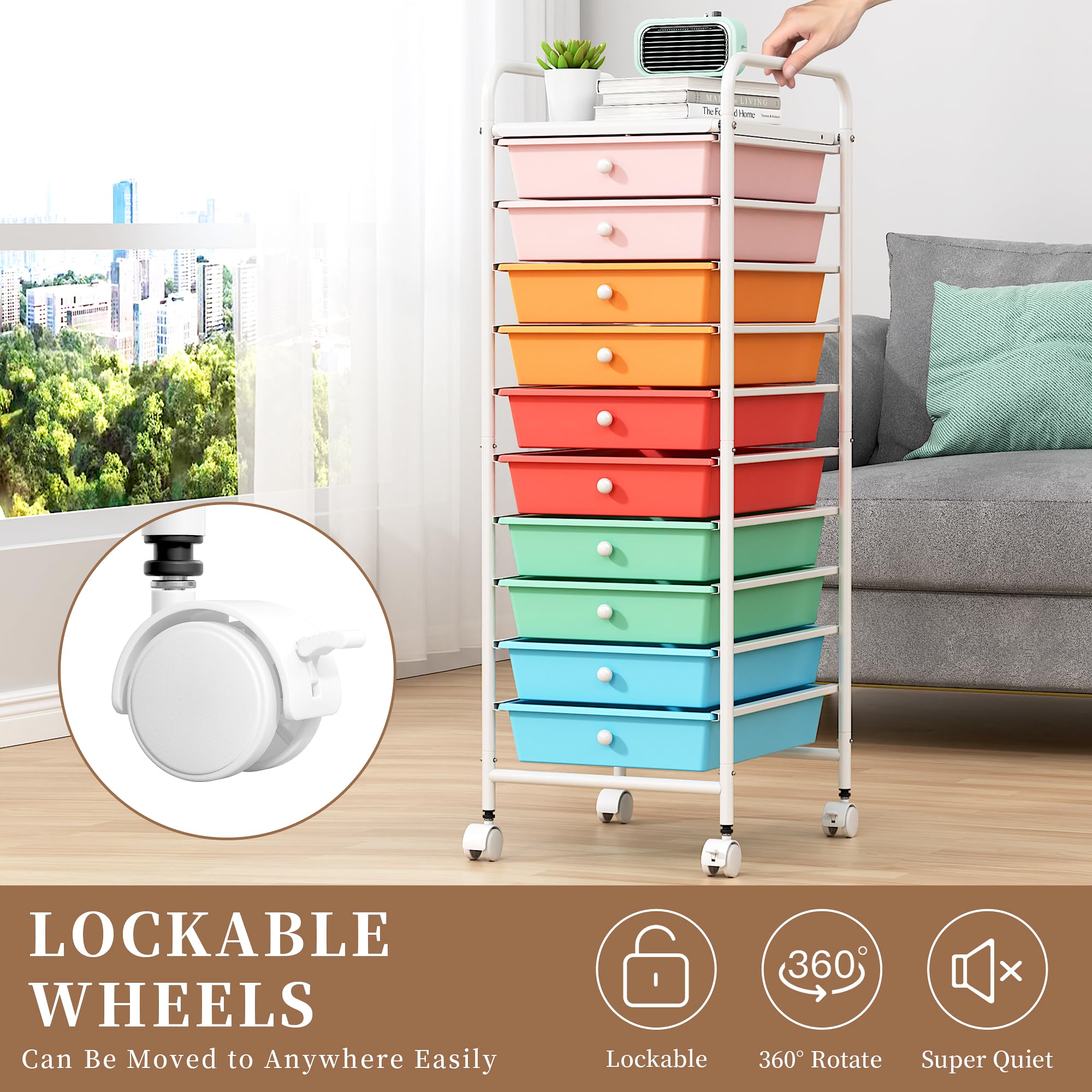 Rolling Storage Cart with 10 Drawers, Drawer Cart with All-Metal Frame & Lockable Wheels, Organizer Utility Cart with Handle for Crafts, School Teacher, Home, Office, Classroom, Macaron Color