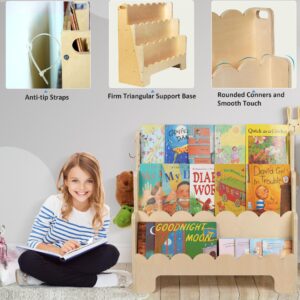 Tohiasen Kids Bookshelf Wooden 3-Tier, Scalloped Book Shelf for Kids Rooms, Front Facing Toddler Montessori Bookshelf, Baby Nursery Book Shelves Kids Classroom Bookshelf Bookcase