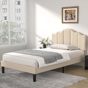 vecelo twin size upholstered platform bed frame with adjustable headboard, wood slat support and noise-free, no box spring needed, easy assembly, pale beige