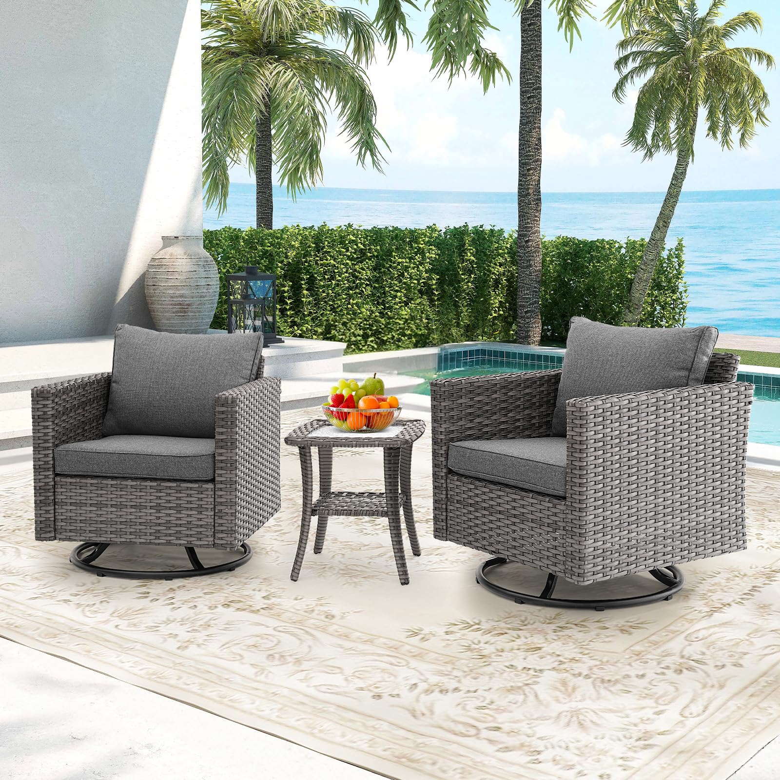 Patio Wicker Swivel Rocker Chairs, Outdoor Glider Rocking Chairs Set of 2 with Side Table, High Back and Thick Cushion Patio Swivel Glider Chair 3 Piece Patio Furniture Sets for Porch Backyard Pool