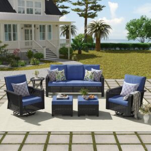 KICOFI 6 PCS Patio Furniture Set, All Weather Rattan Outdoor Furniture Set with Swivel Chairs, Ottomans and Side Table, Patio Conversation Set for Backyard, Garden, Balcony, Poolside Denim Blue