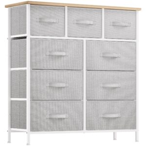 yitahome 9 drawer dresser, light gray fabric storage tower, tall organizer unit for room, living room, hallway, closets - sturdy steel frame, wooden top & easy pull bins