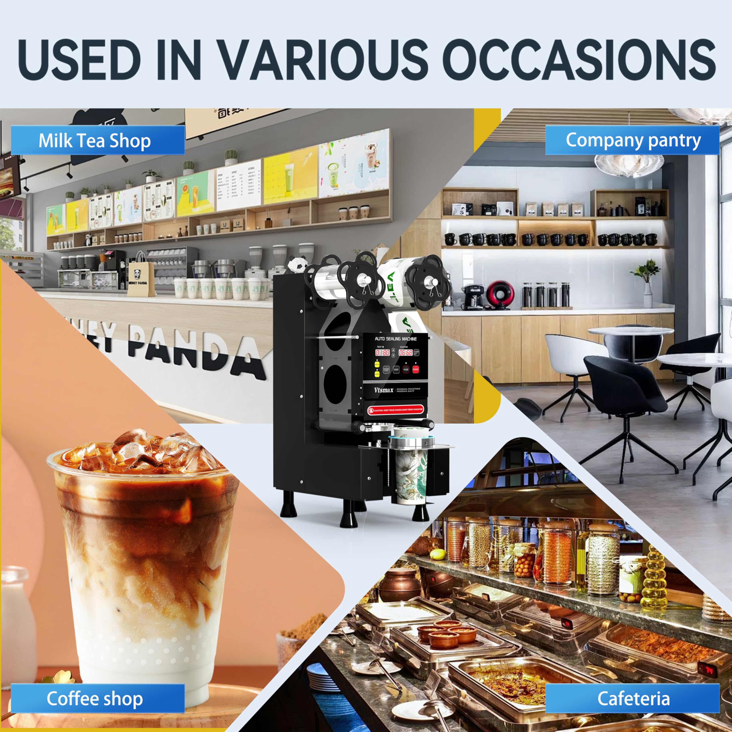 Vtsmax Cup Sealer Machine 90/95mm Cup Sealing Machine 500-600 Cups/H Bubble Tea Sealing Machine with Automatic Counting LCD Panel for Bubble Milk Tea Juice Coffee Black