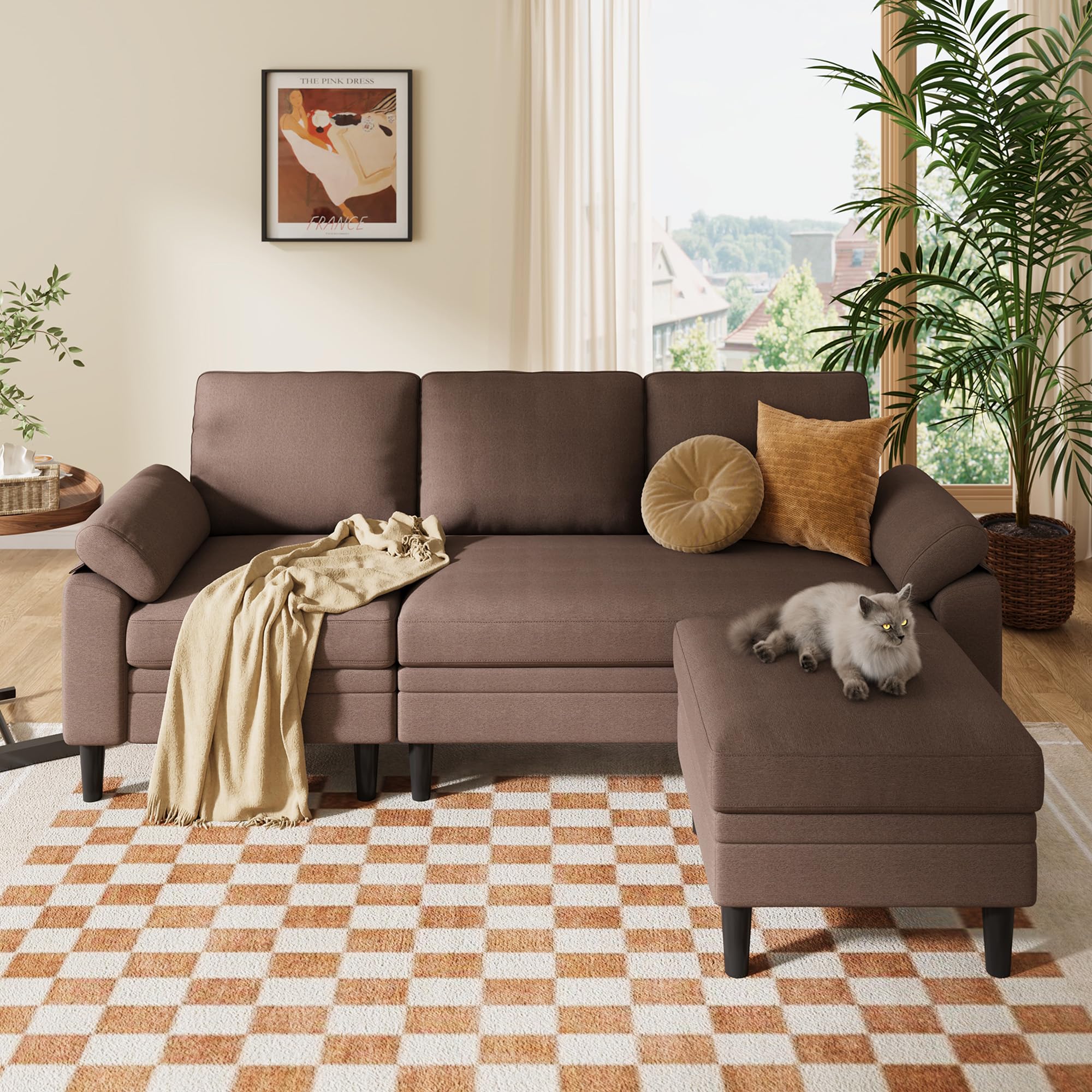 LINSY HOME 82" Reversible Sectional Sofa Couch, 3 Seater L -Shaped Sofa with Ottoman, Sectional Couch with Storage Bag and Sleepable Armrest for Living Room, Brown