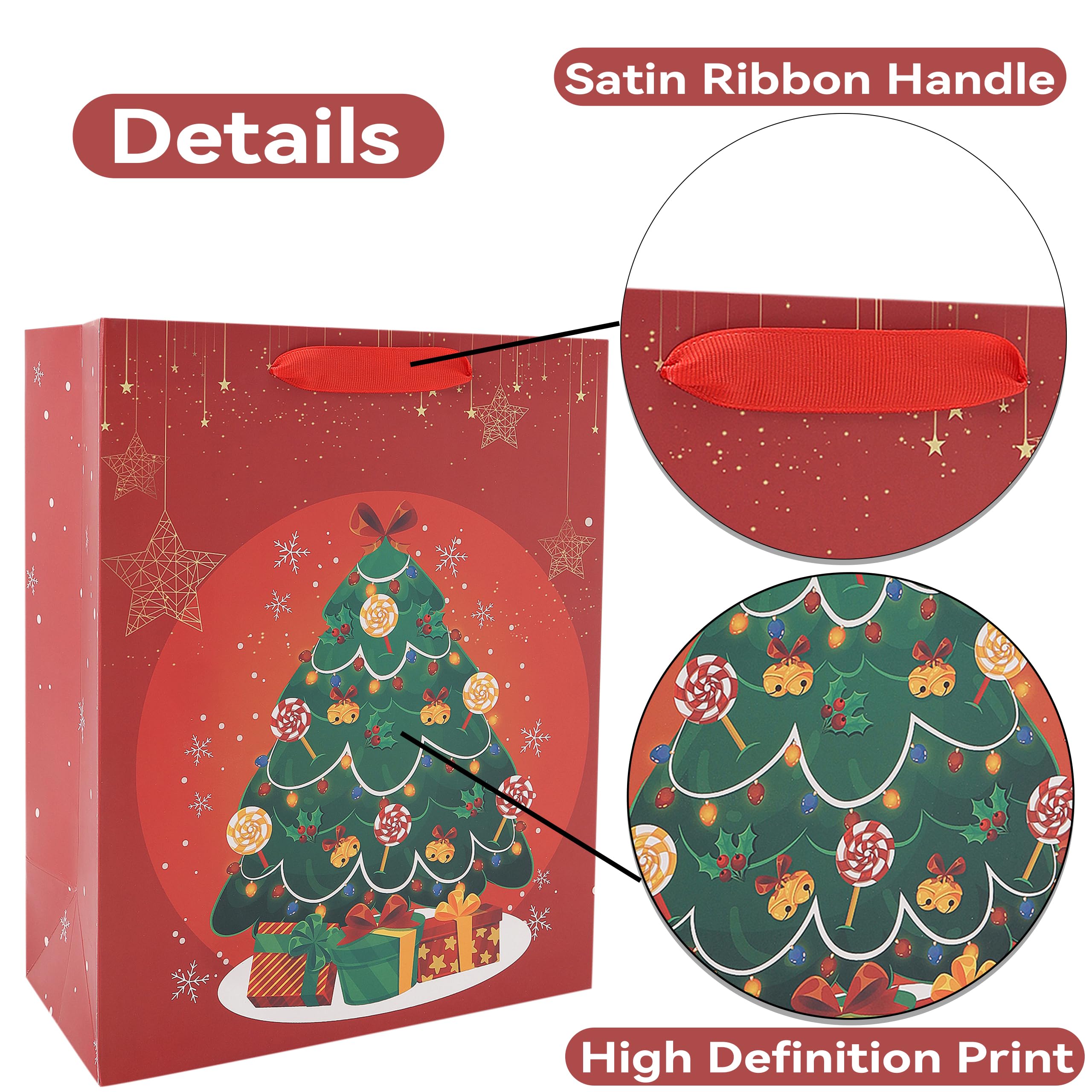 10-Pack Red Green Christmas Gift Bags Assorted Sizes with Handles(4 Large 13”, 4 Medium 10.6”, 2 Small 6.7”) Santa Claus, Snowman, Gift cart, Trees and Snowflake for Gifts, Decorations, Holiday Birthday, And Parties, 10 Pcs