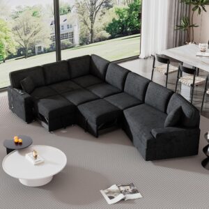 p purlove l-shaped sectional sofa with cup holders, chenille l-shaped couch pull-out sofa bed with charging devices for living room (blue black)