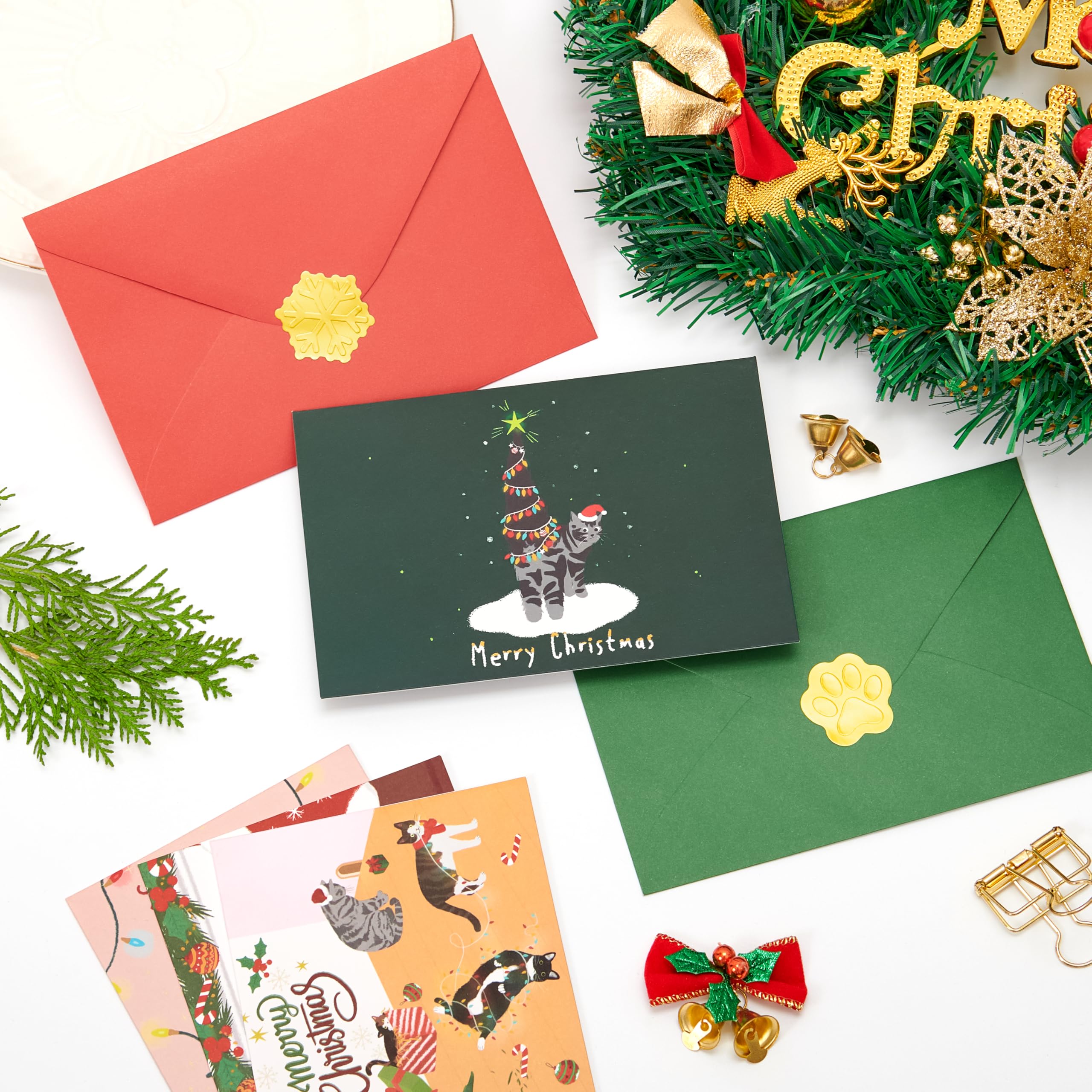 Crisky Cat Merry Christmas Cards with Envelopes & Matching Stickers 25 Pack Merry Chrismas Cards with Envelopes Cat Themed Gold Foil Thank You cards