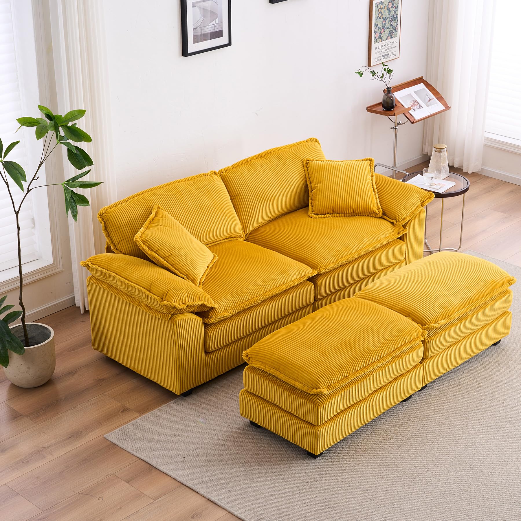 Wrofly Loveseat Sofa with Ottoman, 84.6" Comfy Upholstered Corduroy 2 Seater Chaise Lounge, Oversized Deep Seat Cloud Couch, Modern Modular Sectional Sofa for Living Room Apartment, Yellow