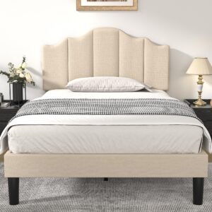 VECELO Twin Size Upholstered Platform Bed Frame with Adjustable Headboard, Wood Slat Support and Noise-Free, No Box Spring Needed, Easy Assembly, Pale Beige